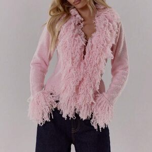 Pink Fringed Cardigan Sweater - Women's